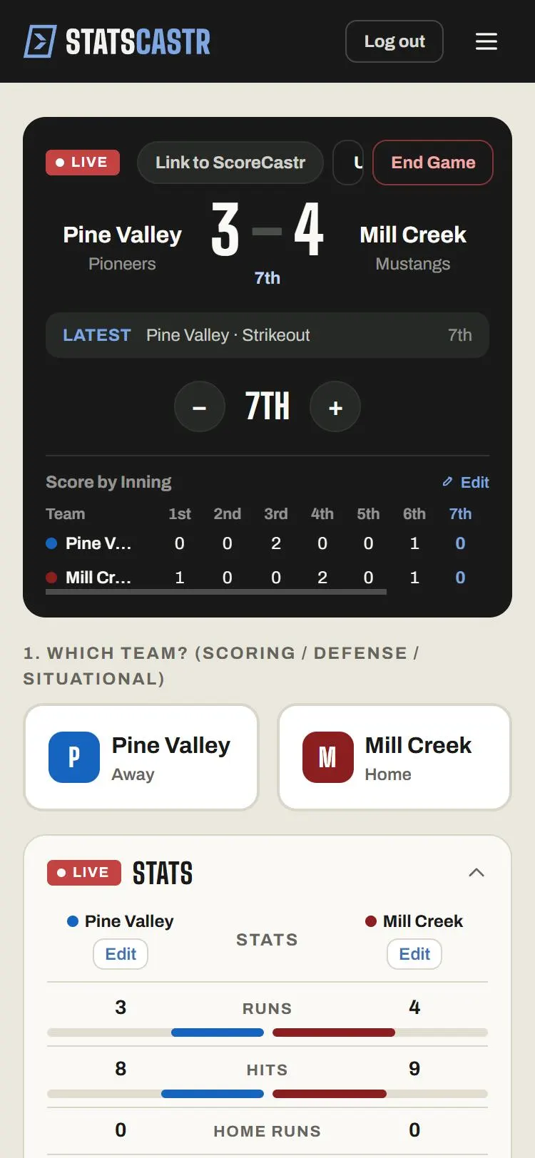 Baseball stat buttons and score on a phone