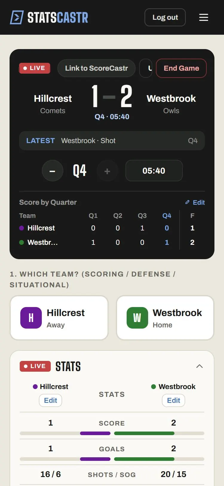 Field hockey stat buttons and score on a phone