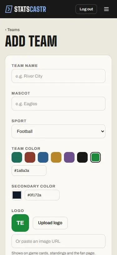 The Add team form on a phone: Team name, Mascot, Sport, Team color swatches, Secondary color and Logo