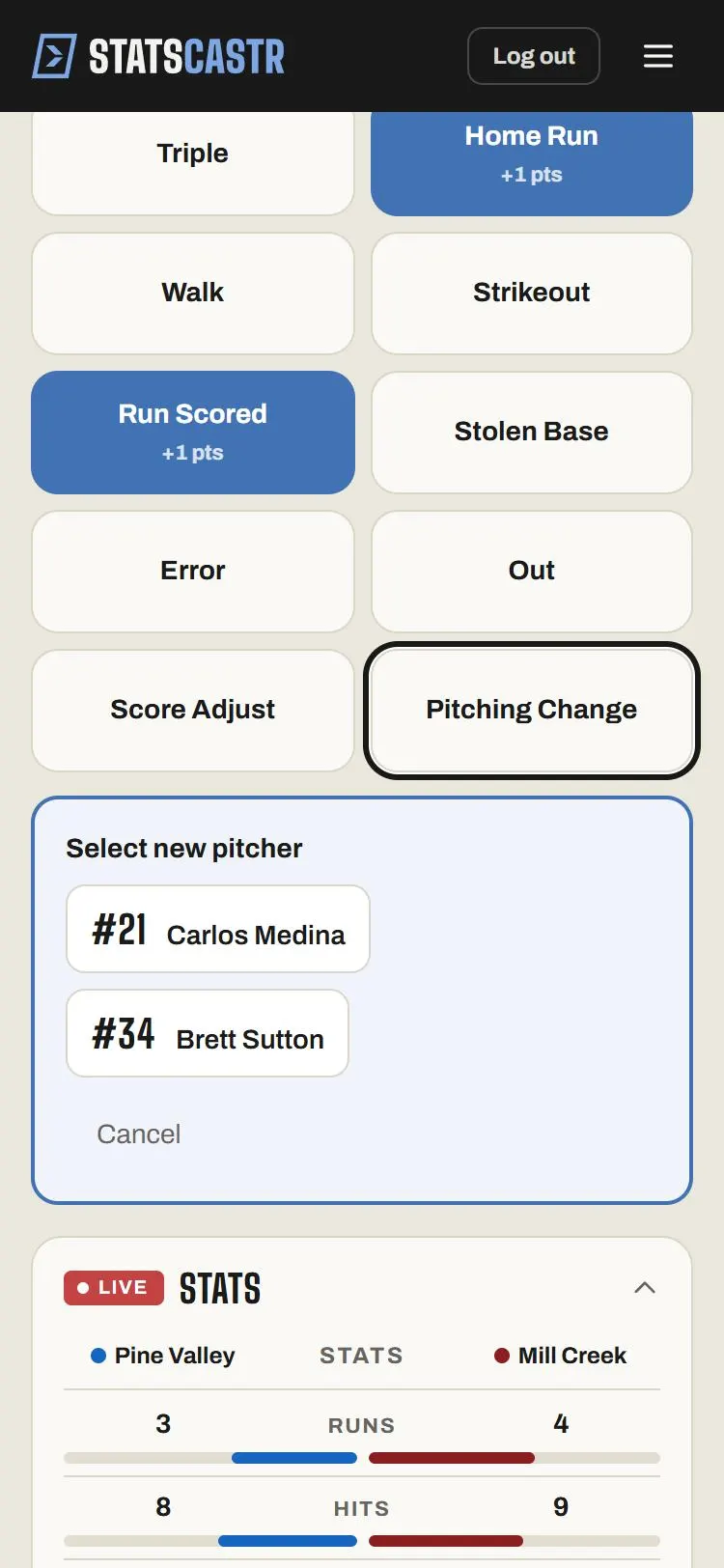 Baseball on a phone after tapping Pitching Change: the Select new pitcher panel lists only the team's pitchers, with Cancel and no Skip