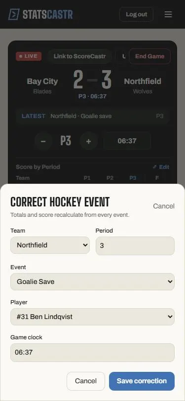 The correction editor on a phone: Team, Period, Event, Player and Game clock, with Cancel and Save correction