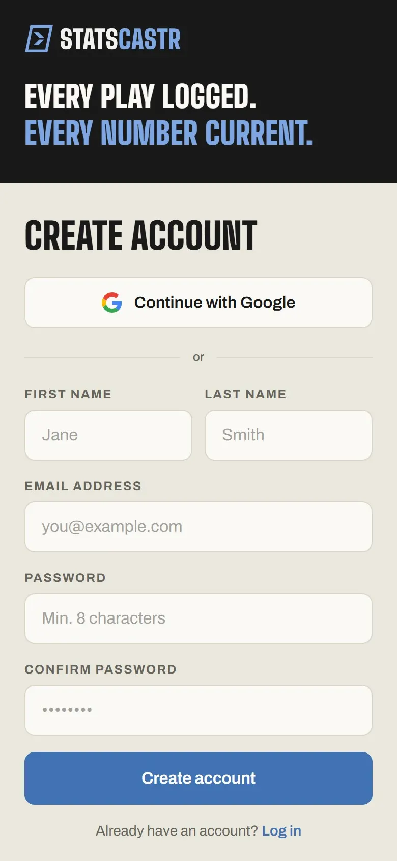 The Create account form on a phone