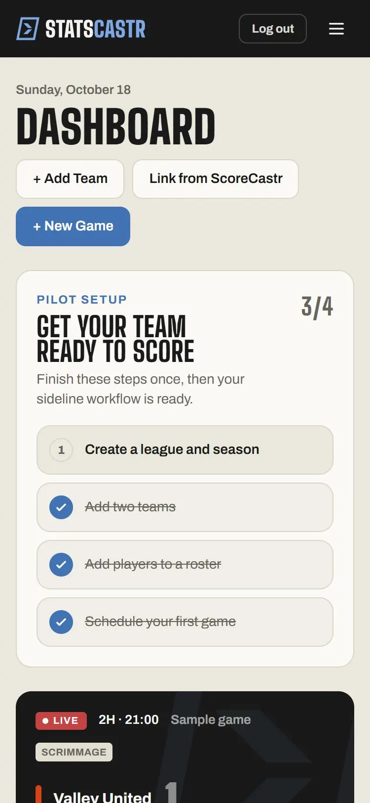 The dashboard on a phone: the buttons, the setup card, and live games below