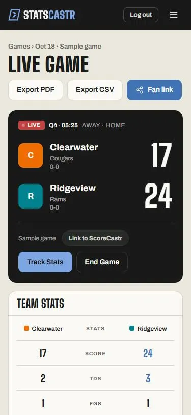 A live game's page on a phone: Export PDF, Export CSV and Fan link under the Live game heading