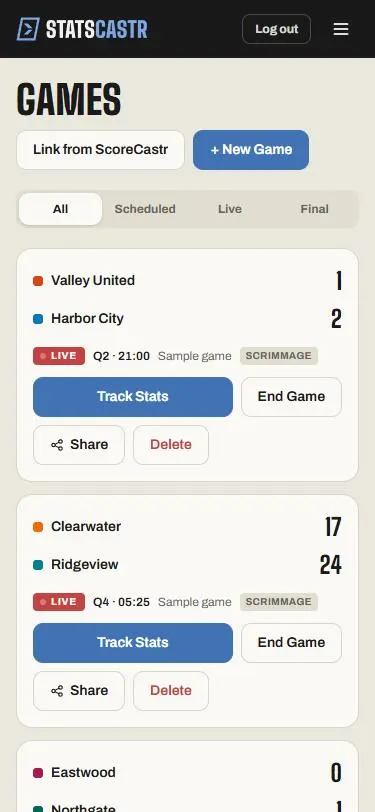The Games list on a phone: the All, Scheduled, Live and Final tabs above live game cards with Track Stats, End Game, Share and Delete