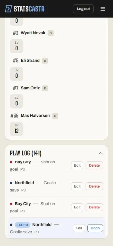 The Play Log on a phone: older plays have Edit and Delete, and the newest play has the Latest tag with Edit and Undo