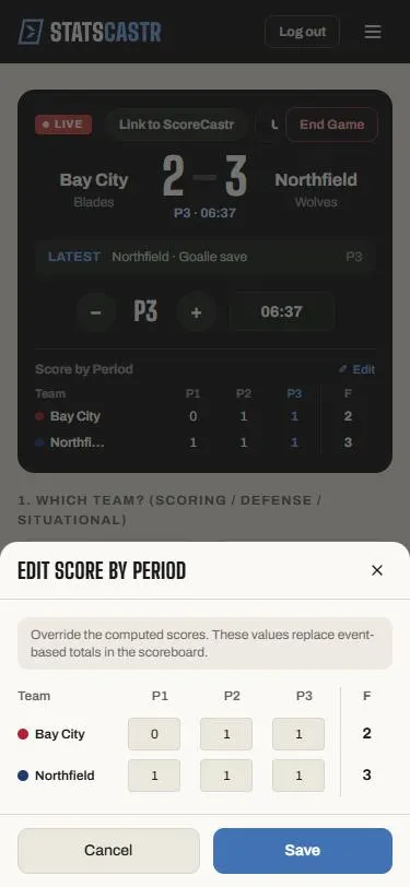 The Edit Score by Period form on a phone: a box for each team and period, the F total, Cancel and Save