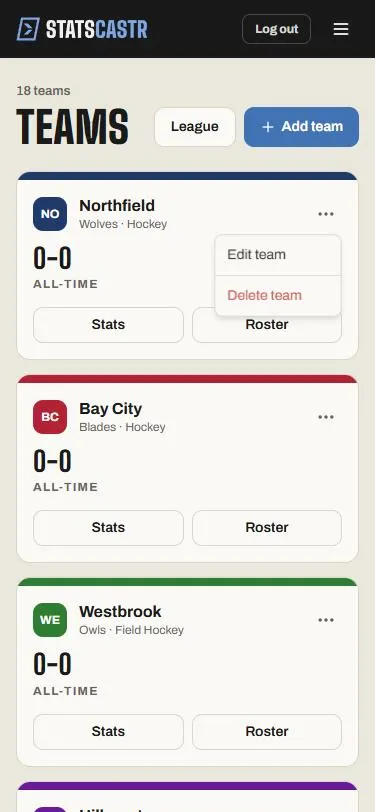 The Teams list on a phone with a team's … menu open, showing Edit team and Delete team
