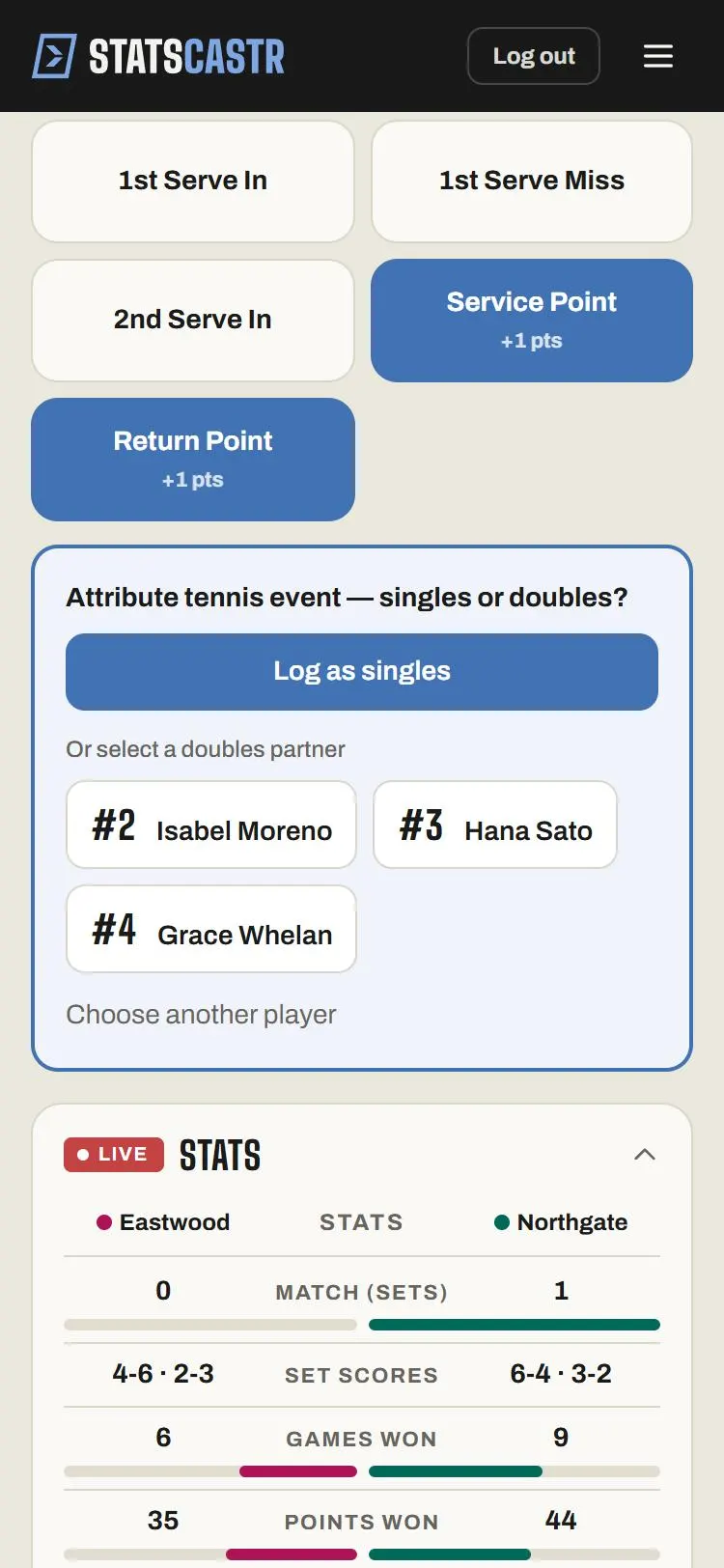 Tennis on a phone after picking a player for an Ace: Log as singles, or select a doubles partner, or Choose another player