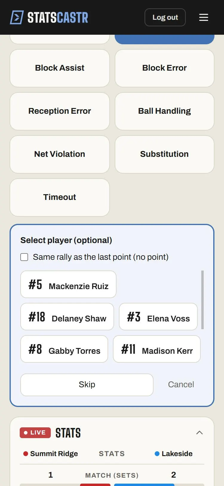 Volleyball on a phone after tapping Attack Error: the Select player (optional) panel with the Same rally as the last point (no point) tick box, player buttons, Skip and Cancel