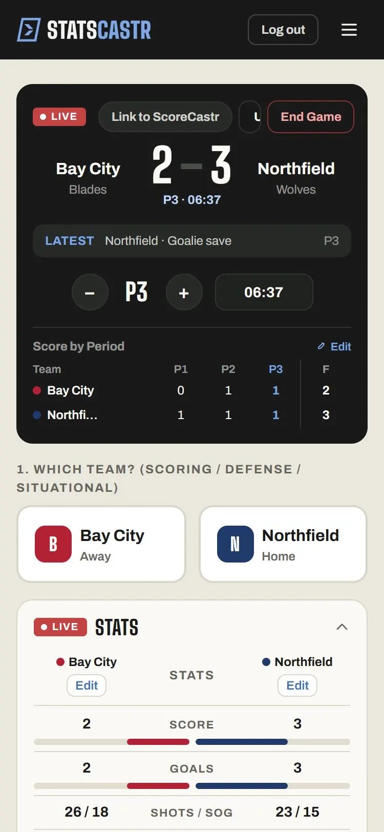 Ice hockey stat buttons and score on a phone
