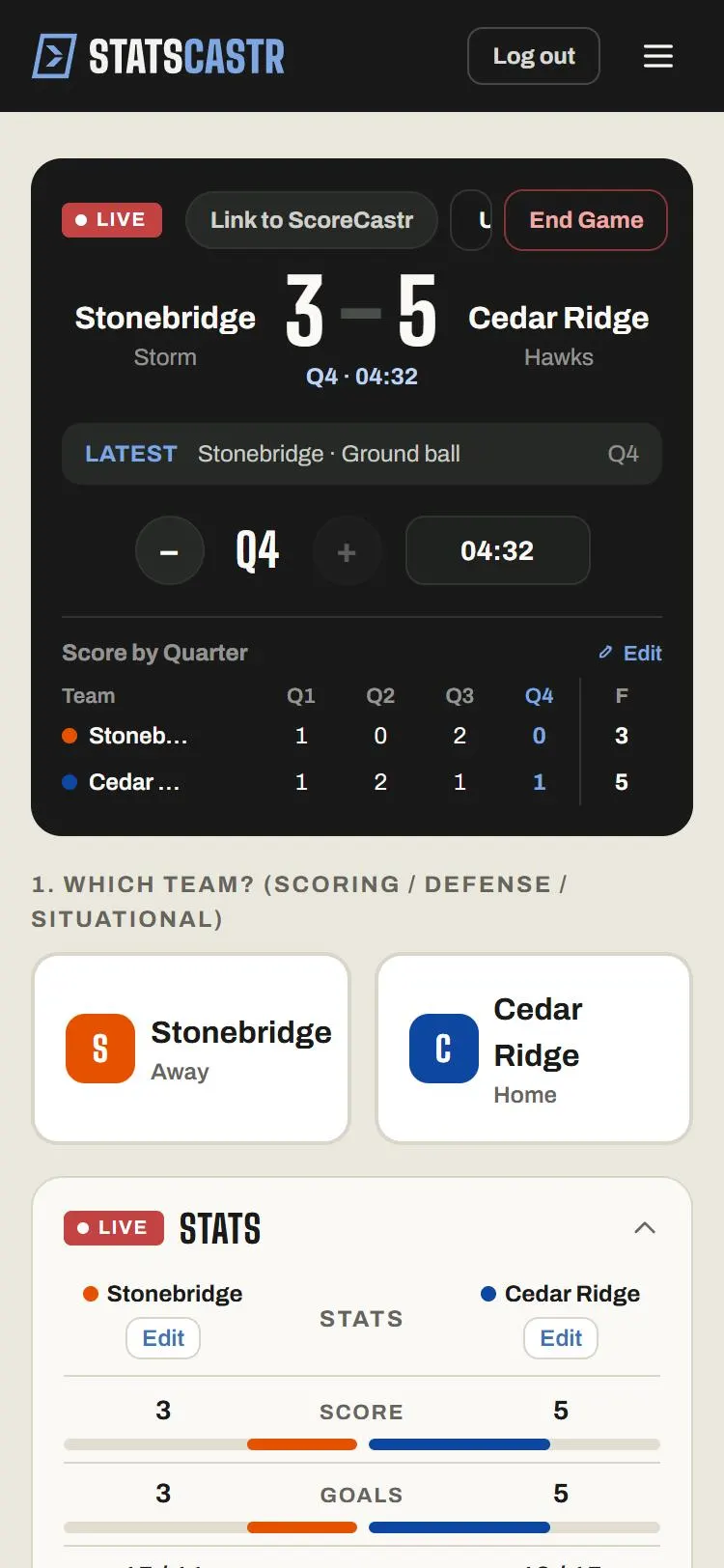 Lacrosse stat buttons and score on a phone