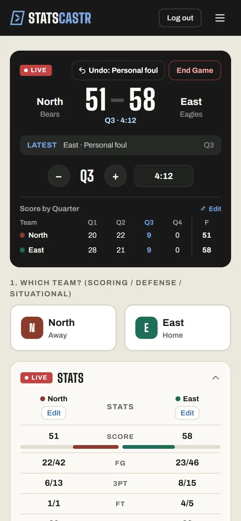 Live basketball scoreboard and controls on a phone