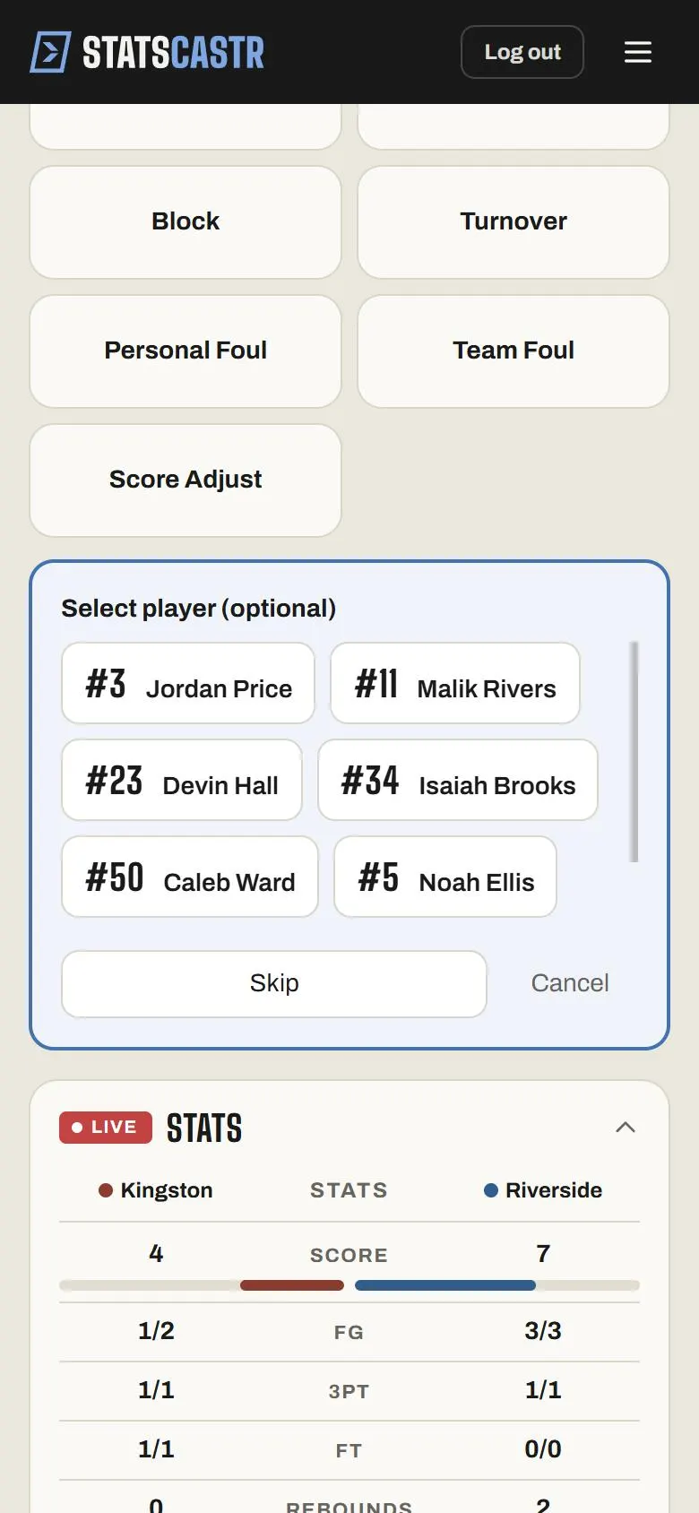The player picker on a phone, with player buttons, Skip and Cancel