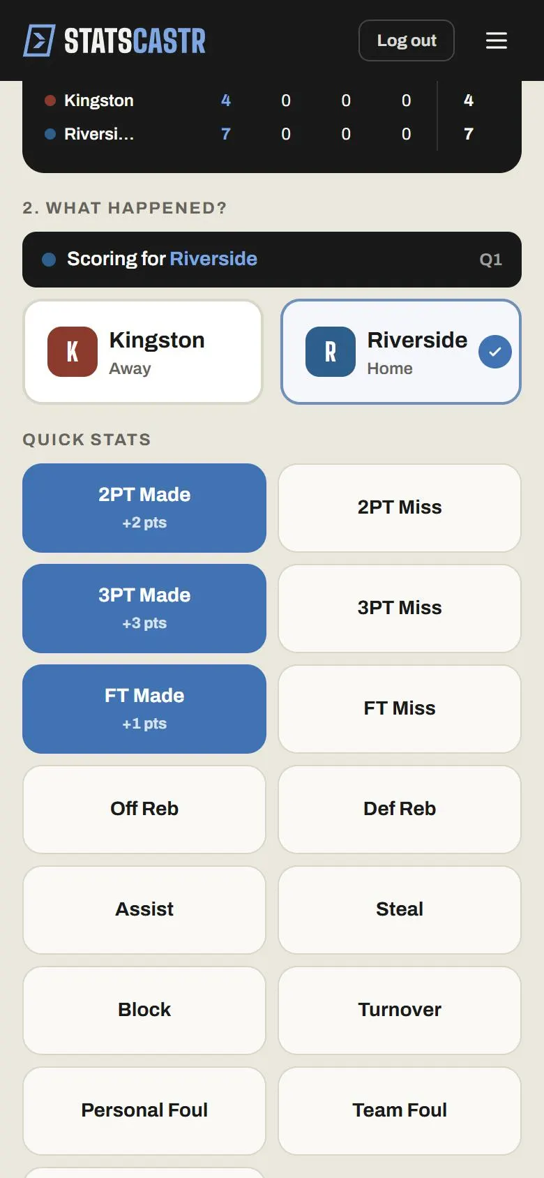 Live scoring on a phone: the home team selected and the Quick stats buttons below