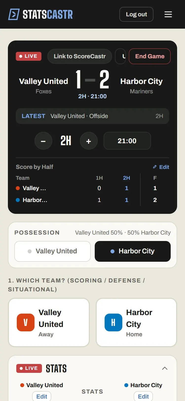 Soccer stat buttons and score on a phone