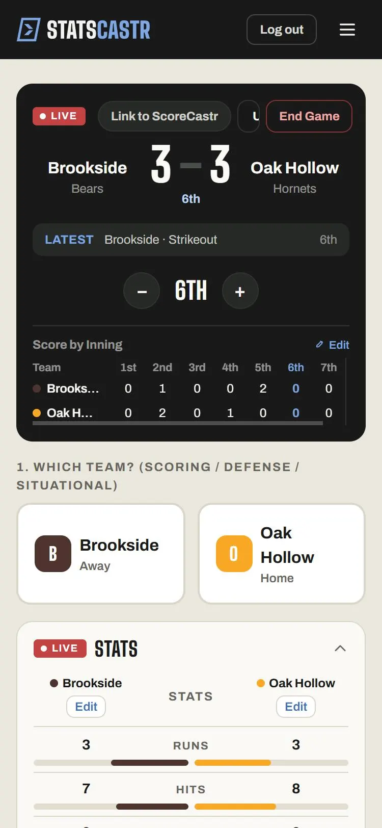 Softball stat buttons and score on a phone
