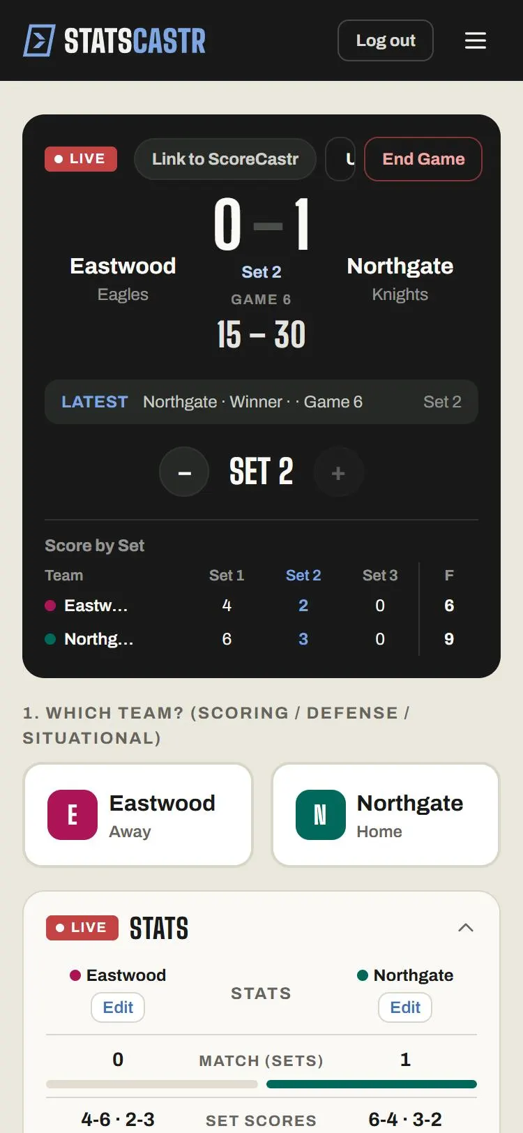 Tennis stat buttons and game score on a phone