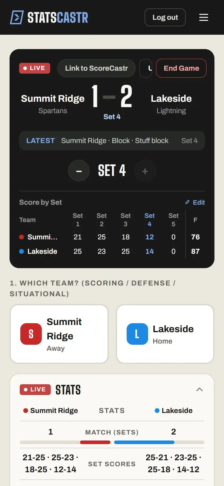 Volleyball stat buttons and set score on a phone